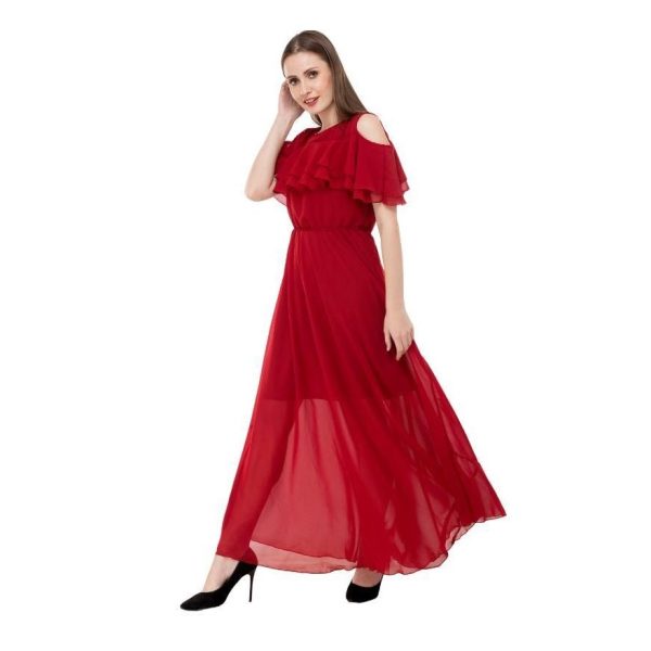 Fabulous Georgette Cold Shoulder Maxi Dress Red