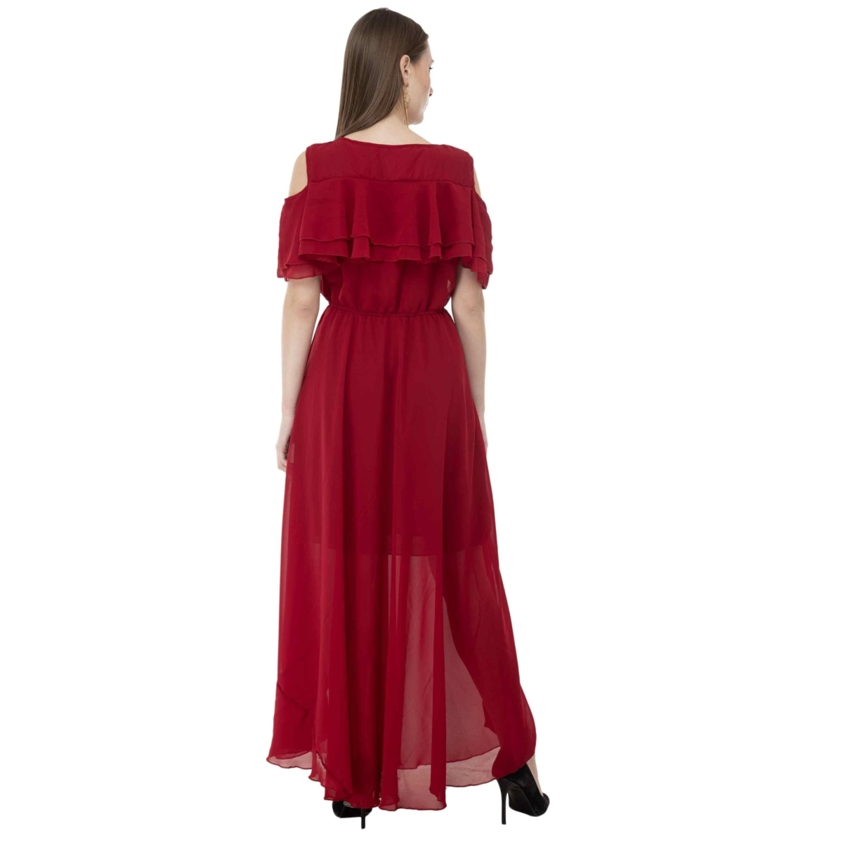 red cold shoulder maxi dress