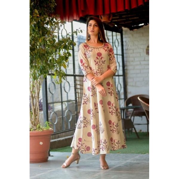 Attractive Rayon Printed Anarkali Kurti Cream