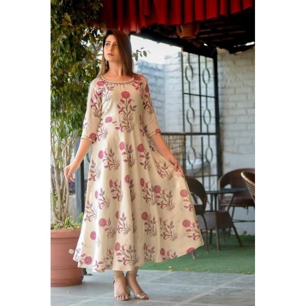 Attractive Rayon Printed Anarkali Kurti Cream 2