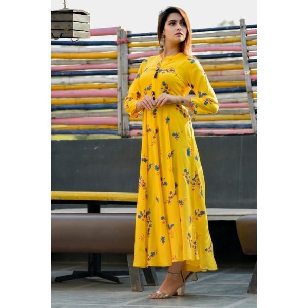 Attractive Rayon Floral Printed Anarkali Kurti Yellow 2