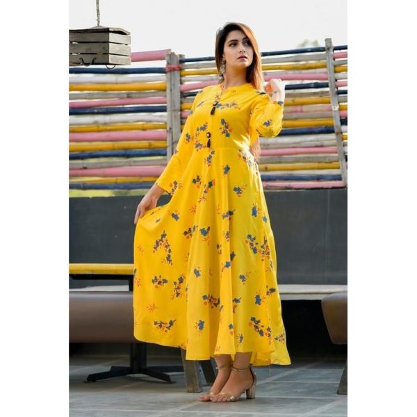 Attractive Rayon Floral Printed Anarkali Kurti Yellow