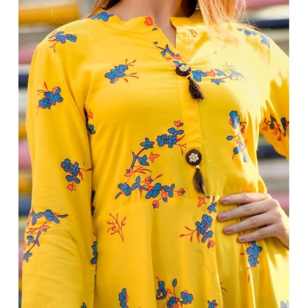 Attractive Rayon Floral Printed Anarkali Kurti Yellow Closeup