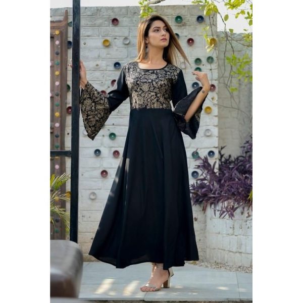 Attractive Rayon Printed Anarkali Kurti Black