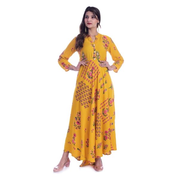 Attractive Rayon Printed Anarkali Kurti Yellow