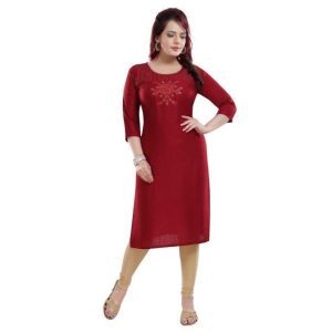 Pretty Knee Length Embroidered Rayon Plus Size Kurti Red