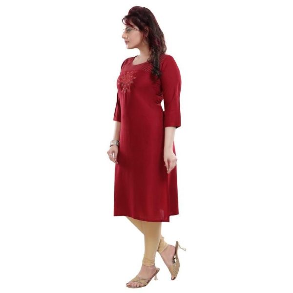 Pretty Knee Length Embroidered Rayon Plus Size Kurti Red Side