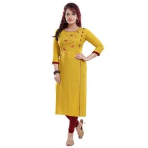 Pretty Knee Length Embroidered Rayon Plus Size Kurti Yellow