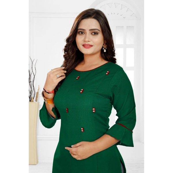 Stunning Rayon Solid Calf Length Kurti Green Closeup