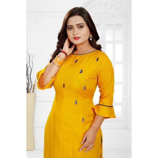 Stunning Rayon Solid Calf Length Kurti Yellow Closeup