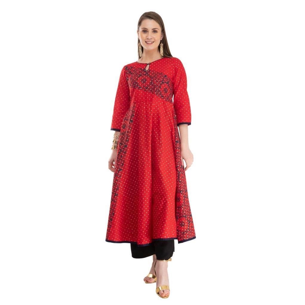 Elegant Cotton Handblock Printed Calf Length Anarkali Kurti – Zeronear