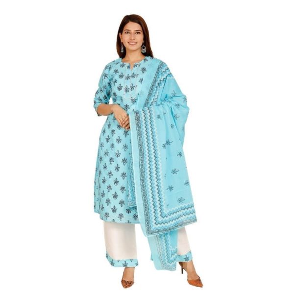 Printed Cotton Kurti Palazzo Set Light Blue