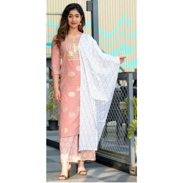 Stunning Rayon Calf Length Printed Kurti Set Peach