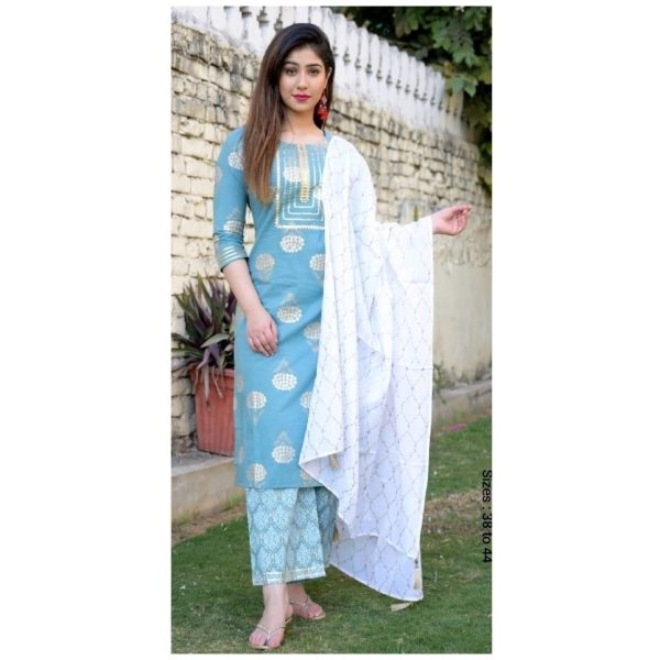 Stunning Rayon Calf Length Printed Kurti Set Sky Blue