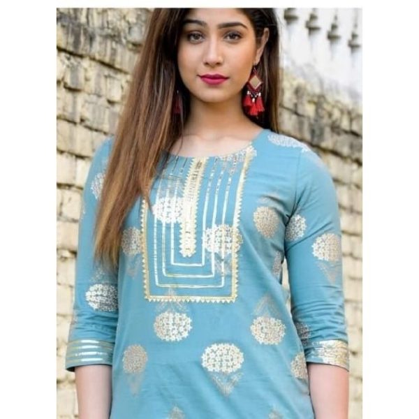 Stunning Rayon Calf Length Printed Kurti Set Sky Blue Closeup