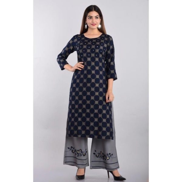 Stunning Rayon Calf Length Printed Palazzo Set Navy Blue