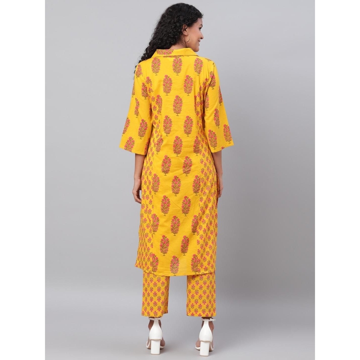 Unique Printed Cotton Kurti Pant Set Yellow Zeronear