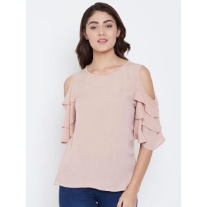 AASK Rayon Solid Cold Shoulder Top Peach