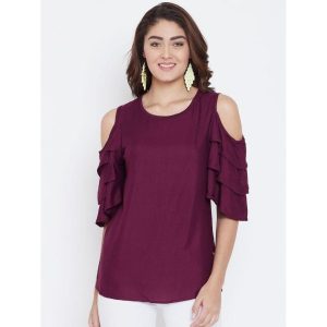 AASK Rayon Solid Cold Shoulder Top Purple