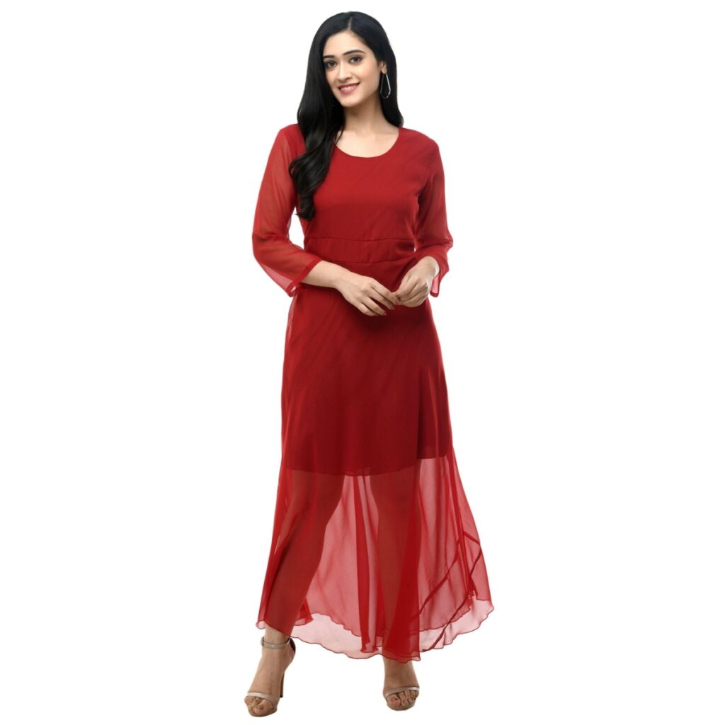 Women’s Floral Fox Georgette Maxi Dress with Frills – Sizes S to XXXL