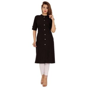Cotton Solid Kurti With Buttons Black