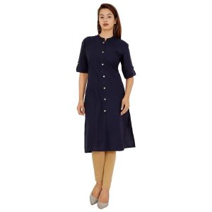 Cotton Solid Kurti With Buttons Navy Blue