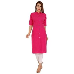 Cotton Solid Kurti With Buttons Pink