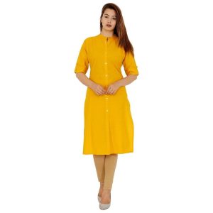 Cotton Solid Kurti With Buttons Yellow