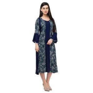 Rayon Crepe Printed Mid-Length Dress Blue