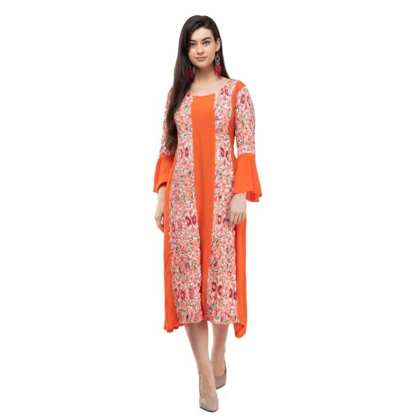 Rayon Crepe Printed Mid-Length Dress Orange