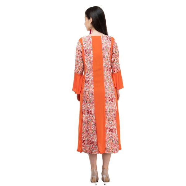 Rayon Crepe Printed Mid Length Dress Orange Back