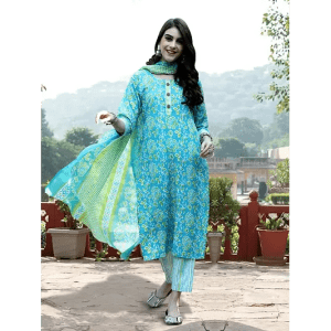 Cotton Floral Print Kurta Set Blue4